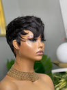 Glueless pixie cut wig with soft waves, creating an elegant yet playful look for Black women.