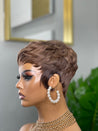 Glueless feathered pixie cut wig in black hair, providing a soft and feathered style for Black women.