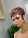 Glueless feathered pixie cut wig in black hair, providing a soft and feathered style for Black women.