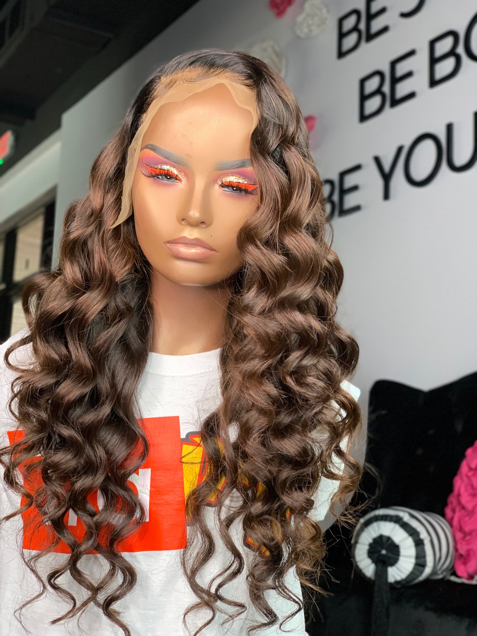 Glueless long chocolate colored wig for a casual, elegant look