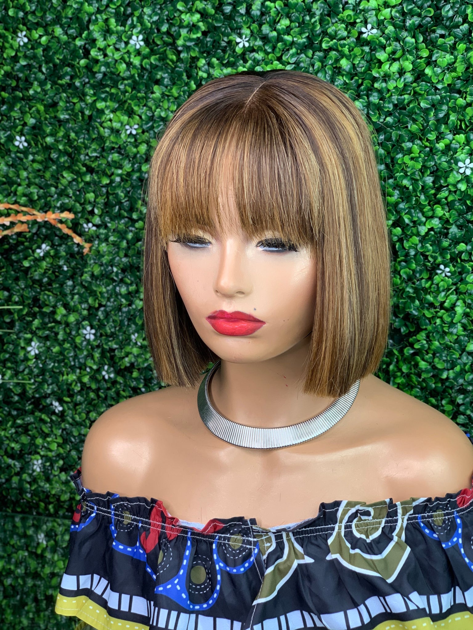 glueless-silky-straight-wig with bang and highlights