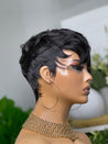 Glueless pixie cut wig with soft waves, creating an elegant yet playful look for Black women.